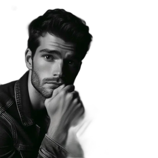 face, hair, jacket, photorealistic transparent PNG cut-out