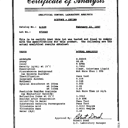 certificate, analysis, acetone, optima transparent PNG cut-out