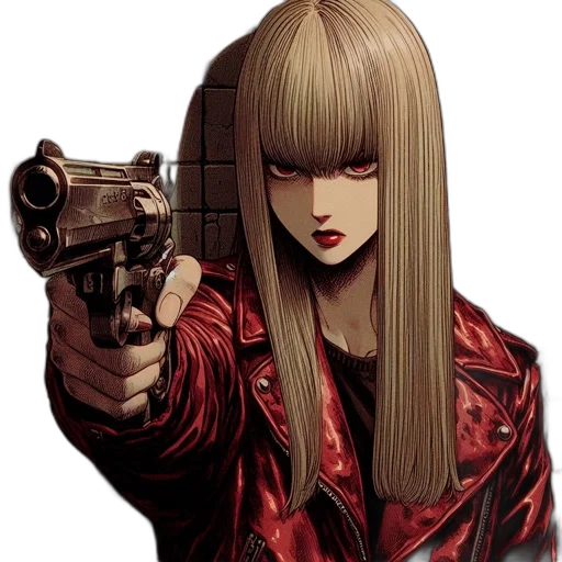 weapon, jacket, hair, comic book art transparent PNG cut-out