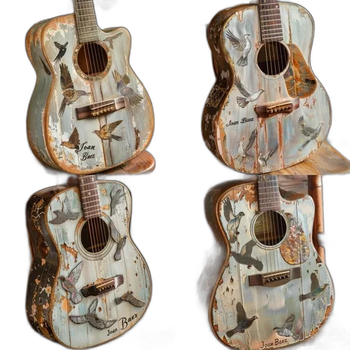 3d render, four, acoustic, guitars transparent PNG cut-out
