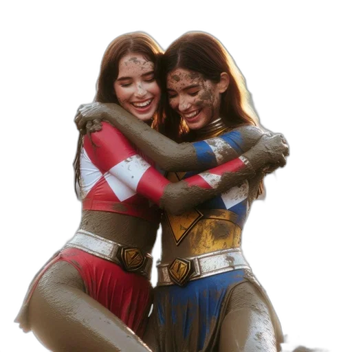 two, mud-covered, women, hug transparent PNG cut-out