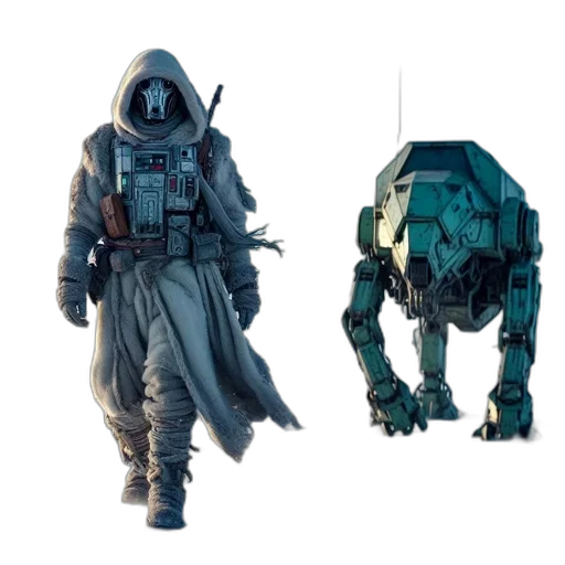 robot, creature, jacket, weapon transparent PNG cut-out