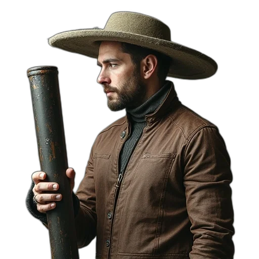 staff, hat, jacket, weapon transparent PNG cut-out