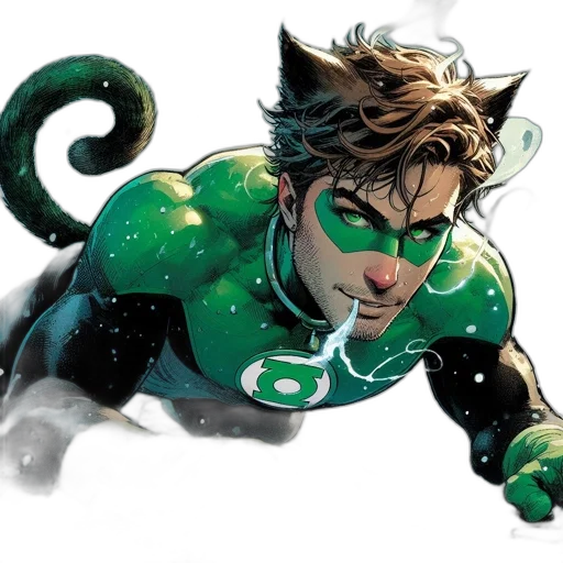 comic book art, concept art, green, feline-costumed transparent PNG cut-out