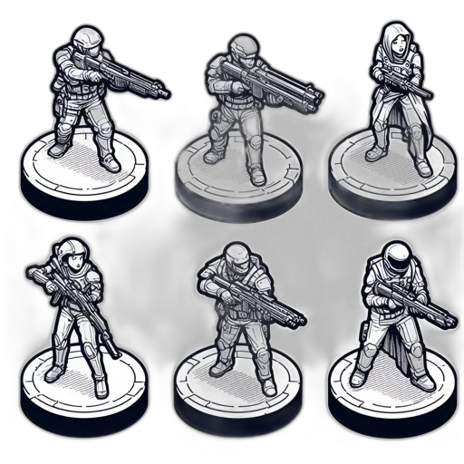 concept art, monochrome, six, illustrated transparent PNG cut-out