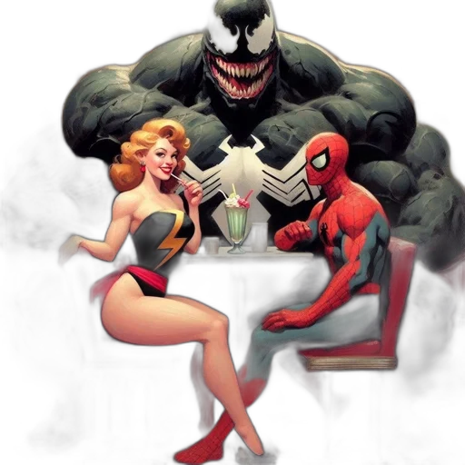 comic book art, concept art, three, characters transparent PNG cut-out