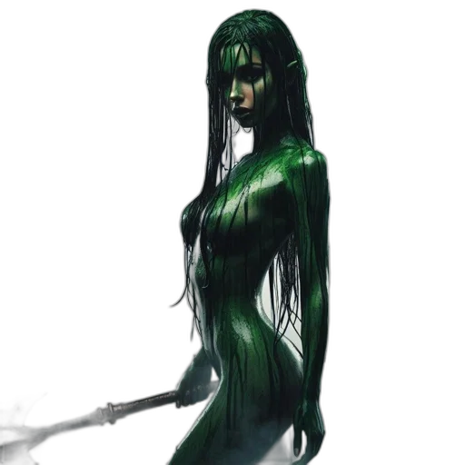dress, creature, hair, staff transparent PNG cut-out