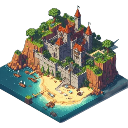 building, pixel art, concept art, 3d render transparent PNG cut-out