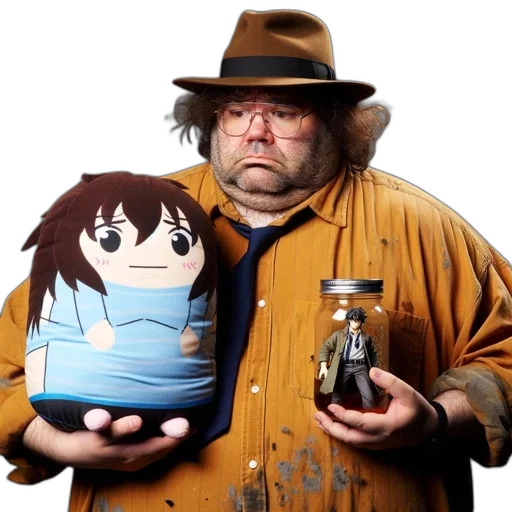 bottle, jacket, creature, hat transparent PNG cut-out