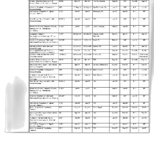 table, rows, dates, corresponding transparent PNG cut-out