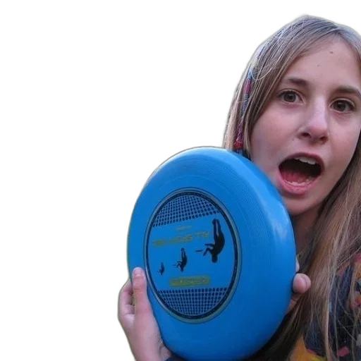 girl, holds, blue, frisbee transparent PNG cut-out