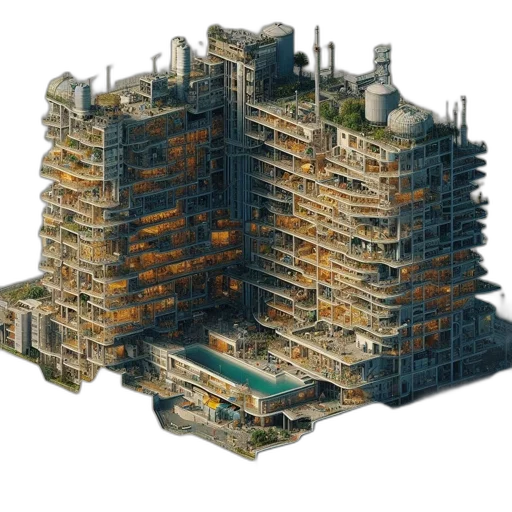 building, concept art, 3d render, cyberpunk transparent PNG cut-out
