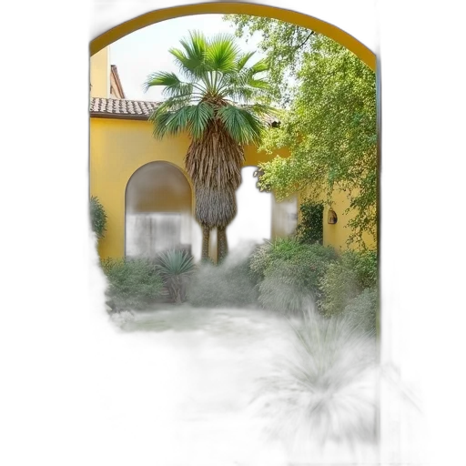 umbrella, building, tree, staff transparent PNG cut-out