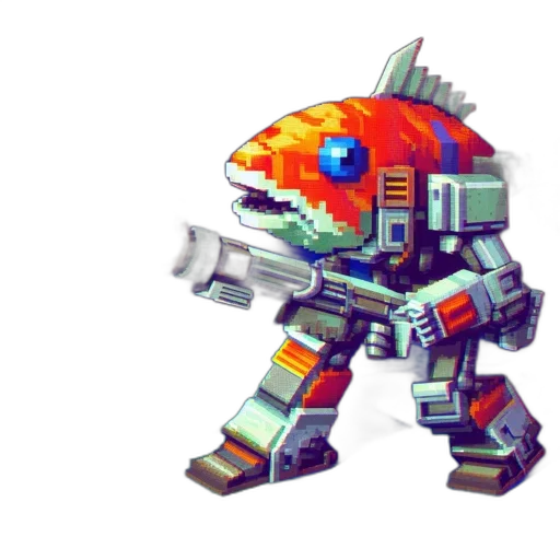 robot, weapon, creature, pixel art transparent PNG cut-out