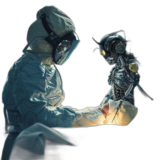 robot, jacket, mask, weapon transparent PNG cut-out