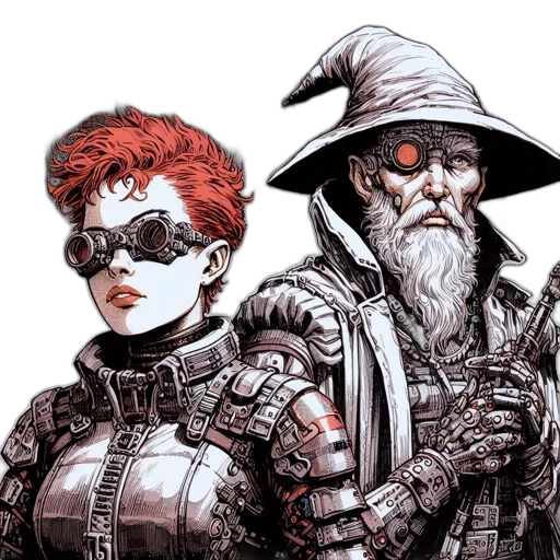 comic book art, concept art, cyberpunk, two transparent PNG cut-out