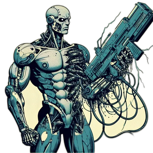 robot, weapon, cyberpunk, comic book art transparent PNG cut-out