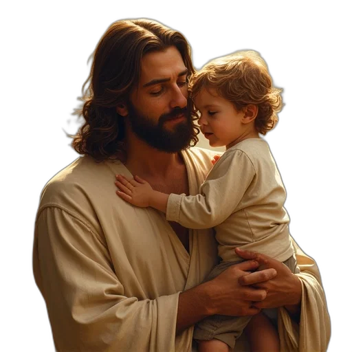 photorealistic, jesus, holding, child transparent PNG cut-out