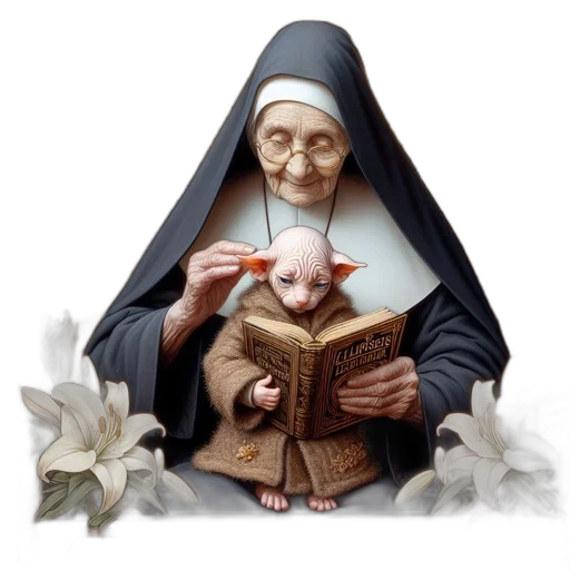 elderly, nun, holds, small transparent PNG cut-out