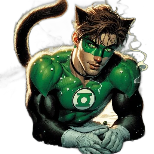 comic book art, concept art, green, feline-costumed transparent PNG cut-out