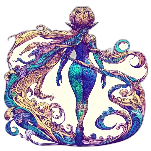 dress, creature, staff, hair transparent PNG cut-out