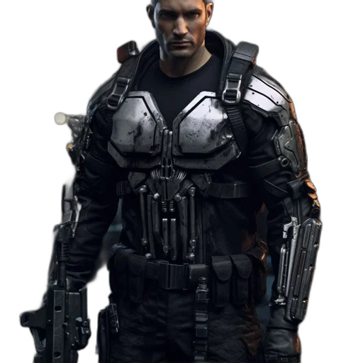 weapon, face, jacket, staff transparent PNG cut-out