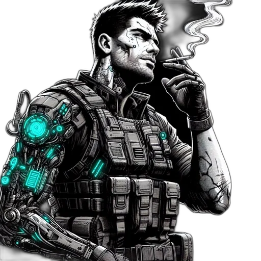 robot, weapon, cyberpunk, comic book art transparent PNG cut-out