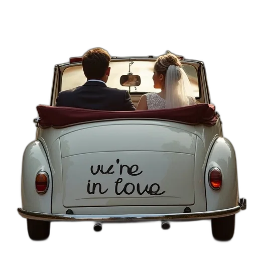 bride, groom, their, car transparent PNG cut-out