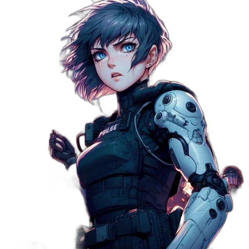 robot, weapon, jacket, face transparent PNG cut-out