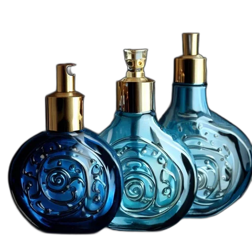 bottle, photorealistic, blue, three transparent PNG cut-out