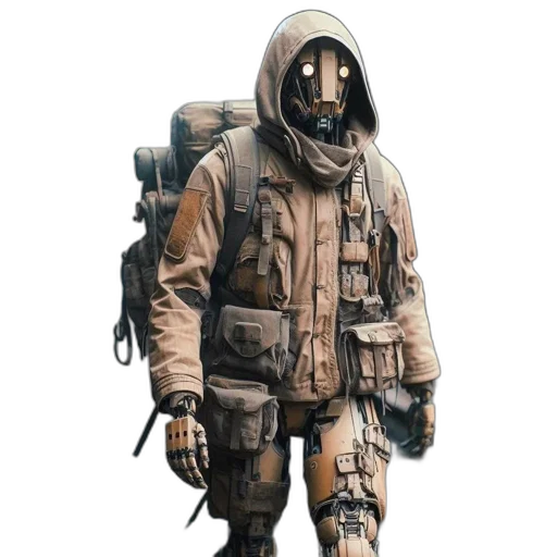 jacket, mask, creature, weapon transparent PNG cut-out