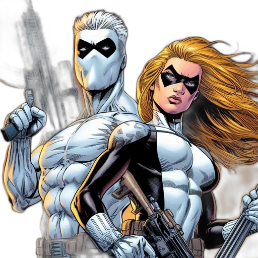 comic book art, two, characters, one transparent PNG cut-out