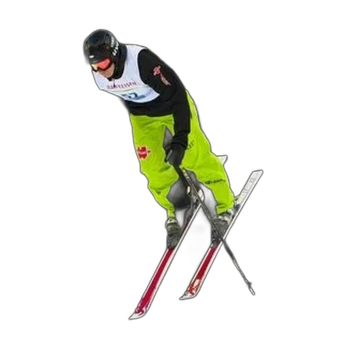 staff, photorealistic, skier, mid-air transparent PNG cut-out