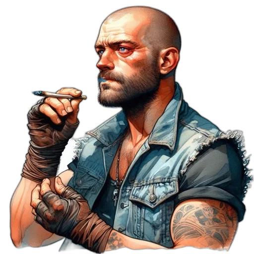 weapon, face, staff, jacket transparent PNG cut-out