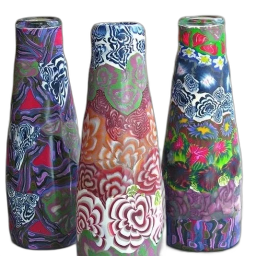 three, colorful, vases, intricate transparent PNG cut-out