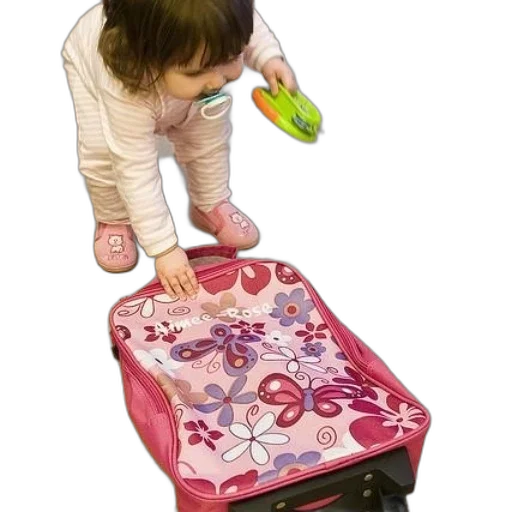 baby, playing, pink, suitcase transparent PNG cut-out
