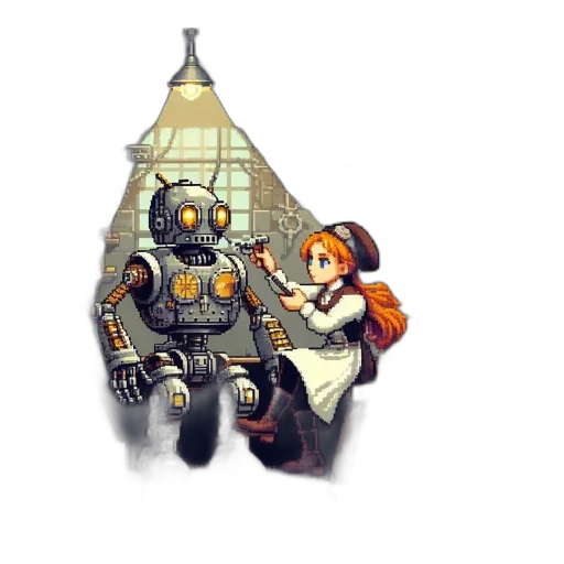 robot, weapon, pixel art, concept art transparent PNG cut-out