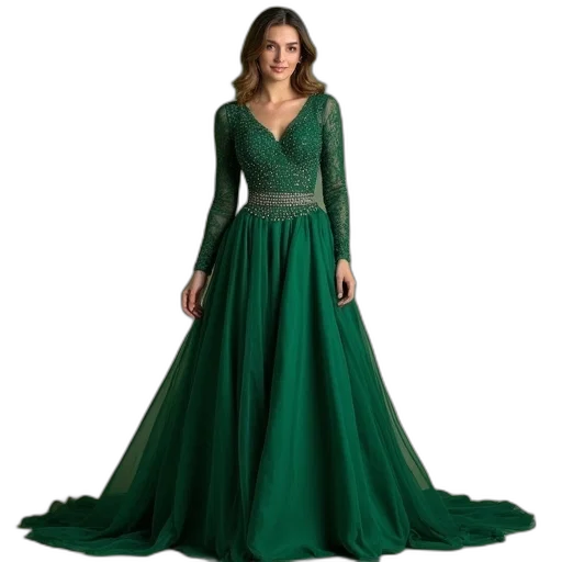 dress, green, earth tones, long transparent PNG cut-out