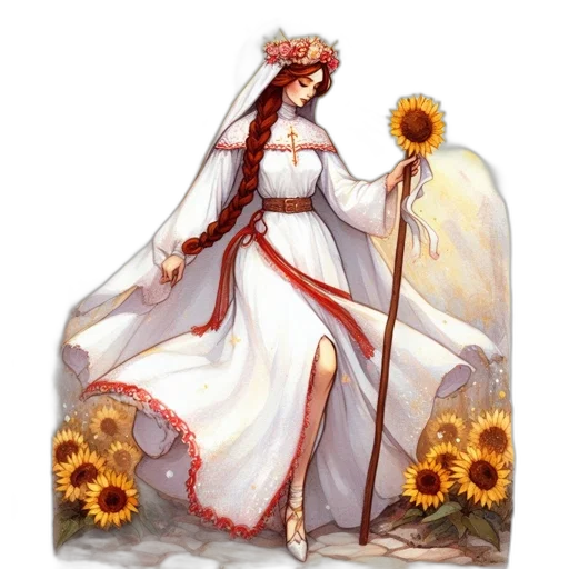 dress, crown, flower, staff transparent PNG cut-out
