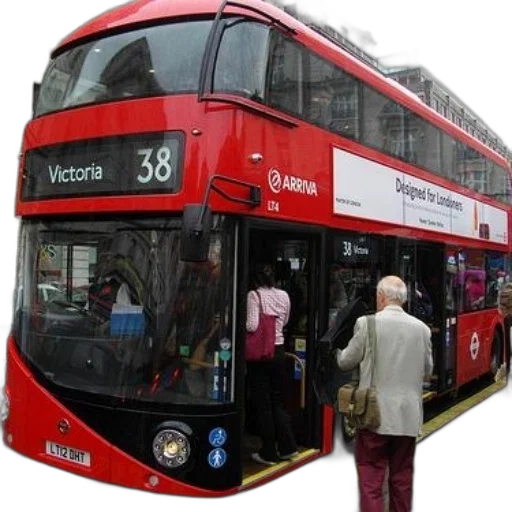 photorealistic, city street, red, double-decker transparent PNG cut-out