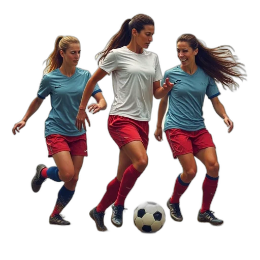 photorealistic, three, women, soccer transparent PNG cut-out