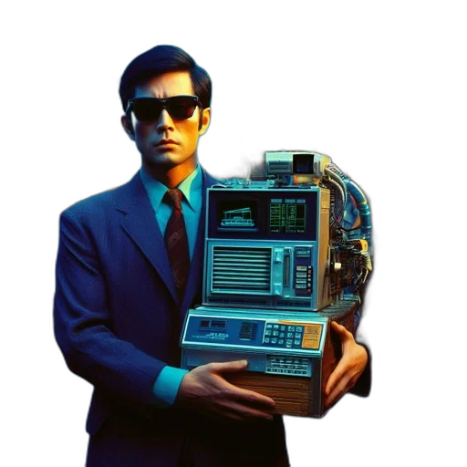 robot, jacket, staff, vaporwave transparent PNG cut-out