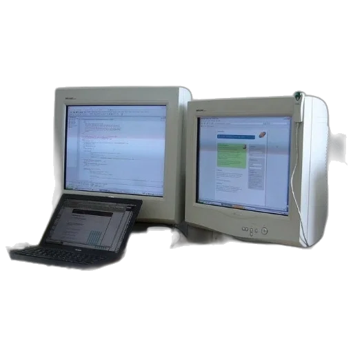 staff, desk, two, monitors transparent PNG cut-out