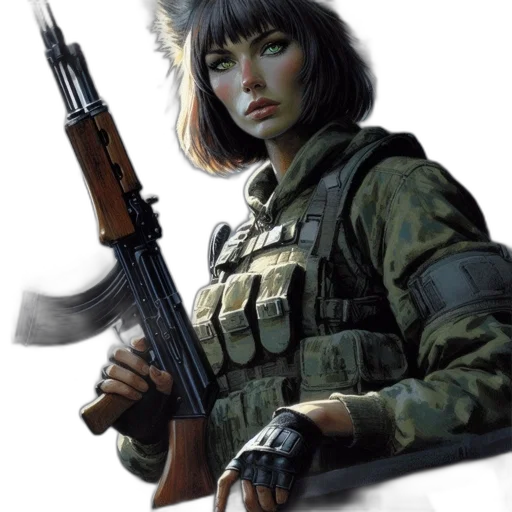 weapon, jacket, face, staff transparent PNG cut-out