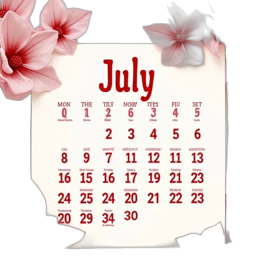 july, calendar, red, white transparent PNG cut-out
