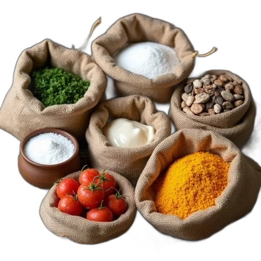 food, five, ingredients, burlap transparent PNG cut-out