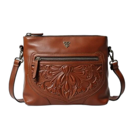 brown, leather, handbag, intricate transparent PNG cut-out