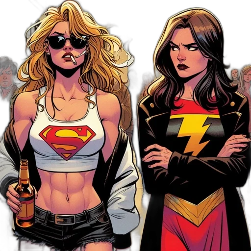 comic book art, concept art, two, superheroines transparent PNG cut-out