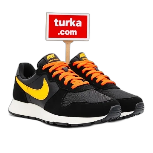 shoes, pair, black, yellow transparent PNG cut-out