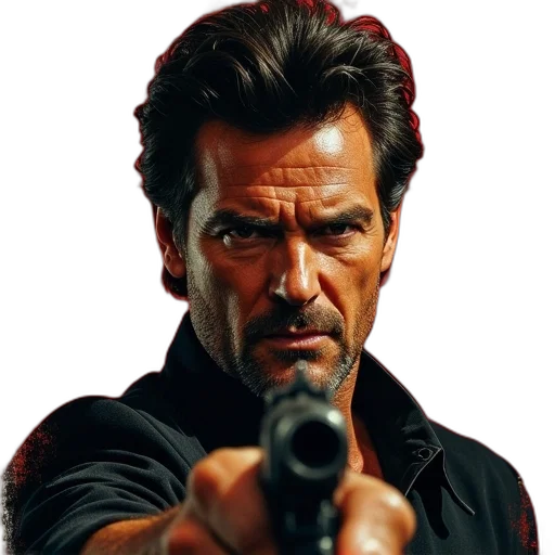 weapon, face, jacket, staff transparent PNG cut-out